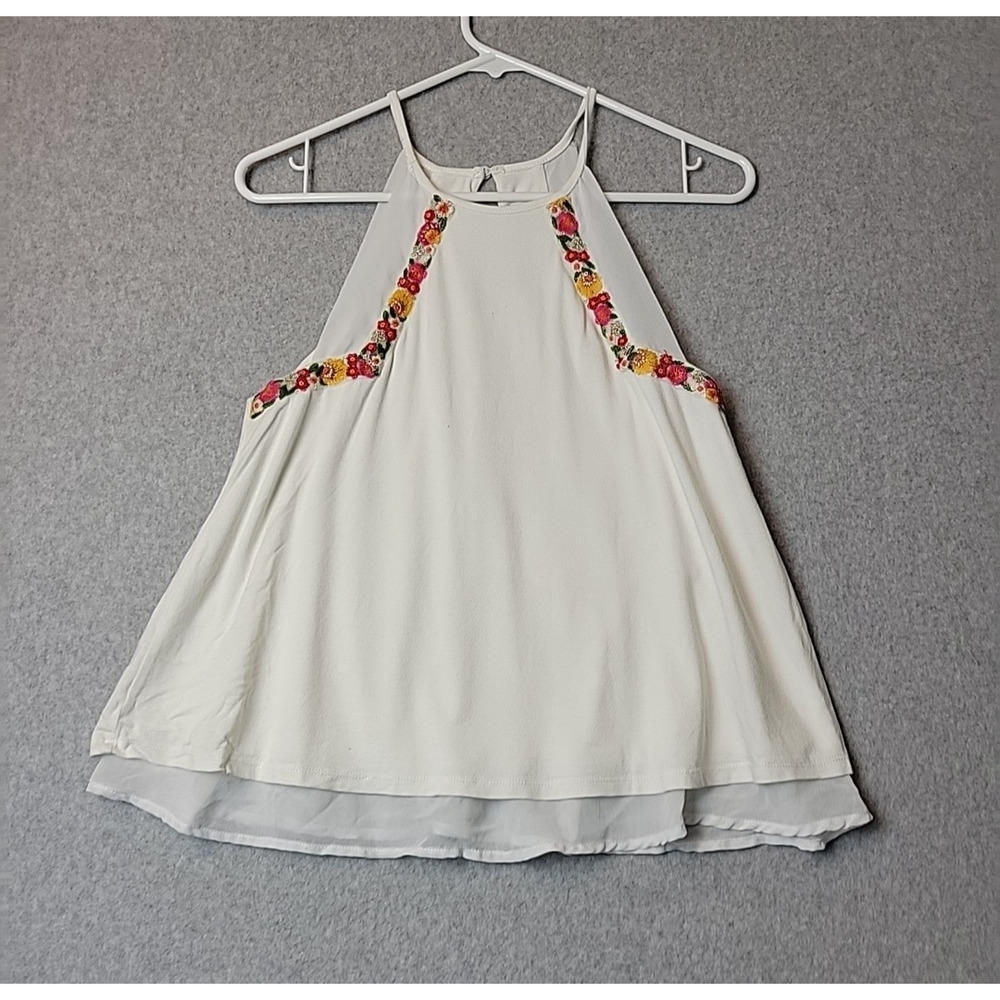 Blue Rain White Fairy Floral Embroidered Strappy Yoke Layered Tank Women's Small